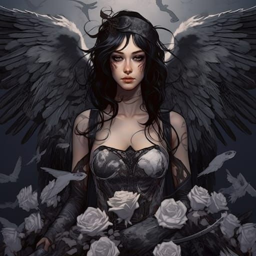 Art Nouveau Woman with Wings and Skulls