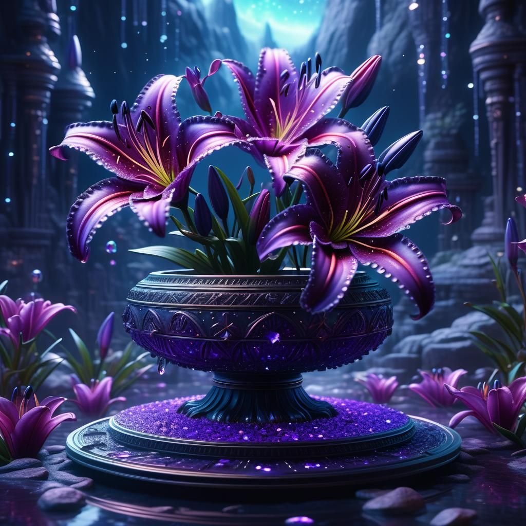 Purple Star Gazing Lilies in Crystal Vase