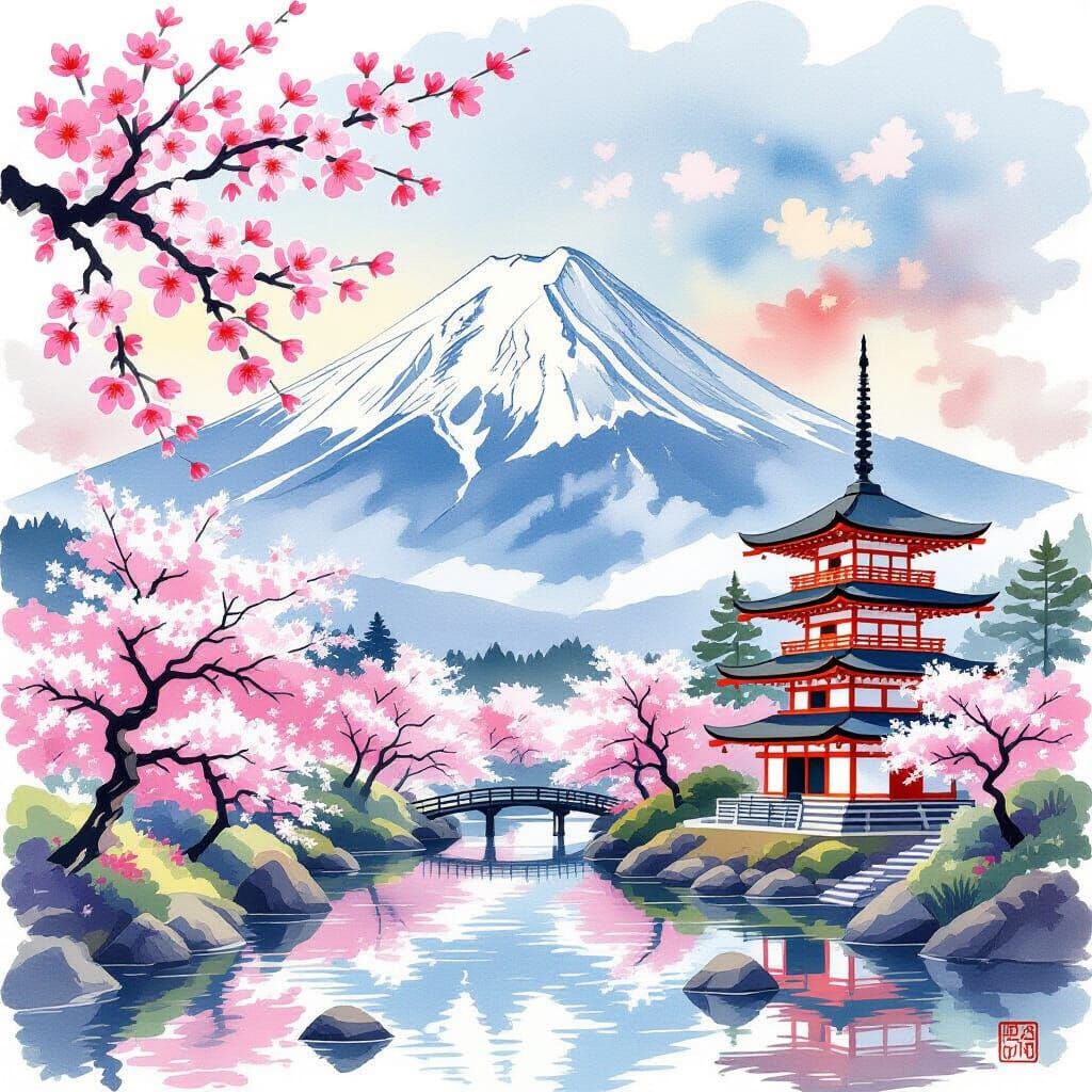 Japanese Landscape with Cherry Blossoms in Hokusai Style