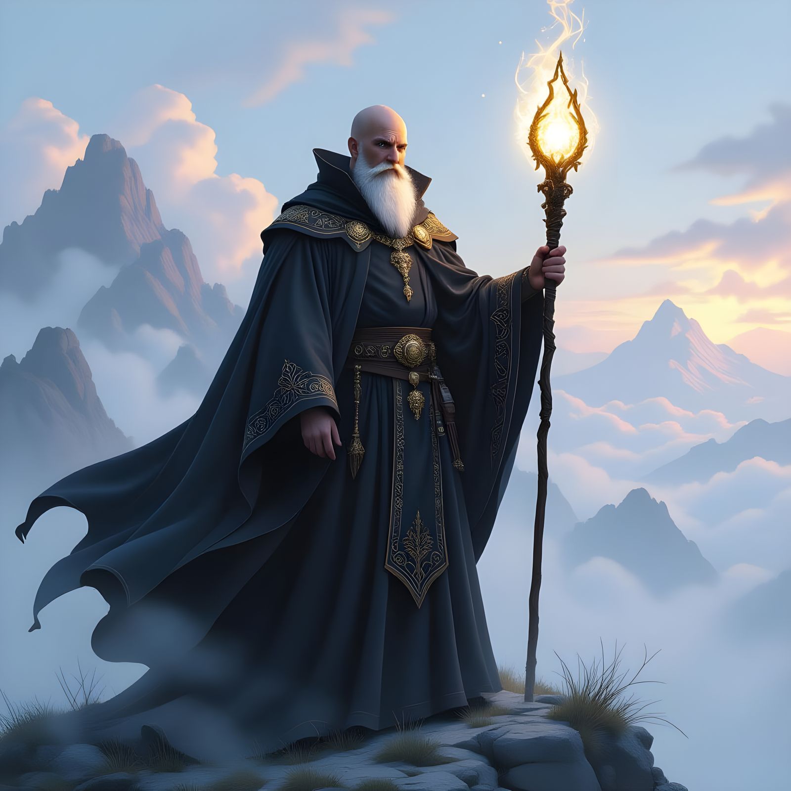 Priest on a Misty Mountaintop in Ethereal Fantasy Style