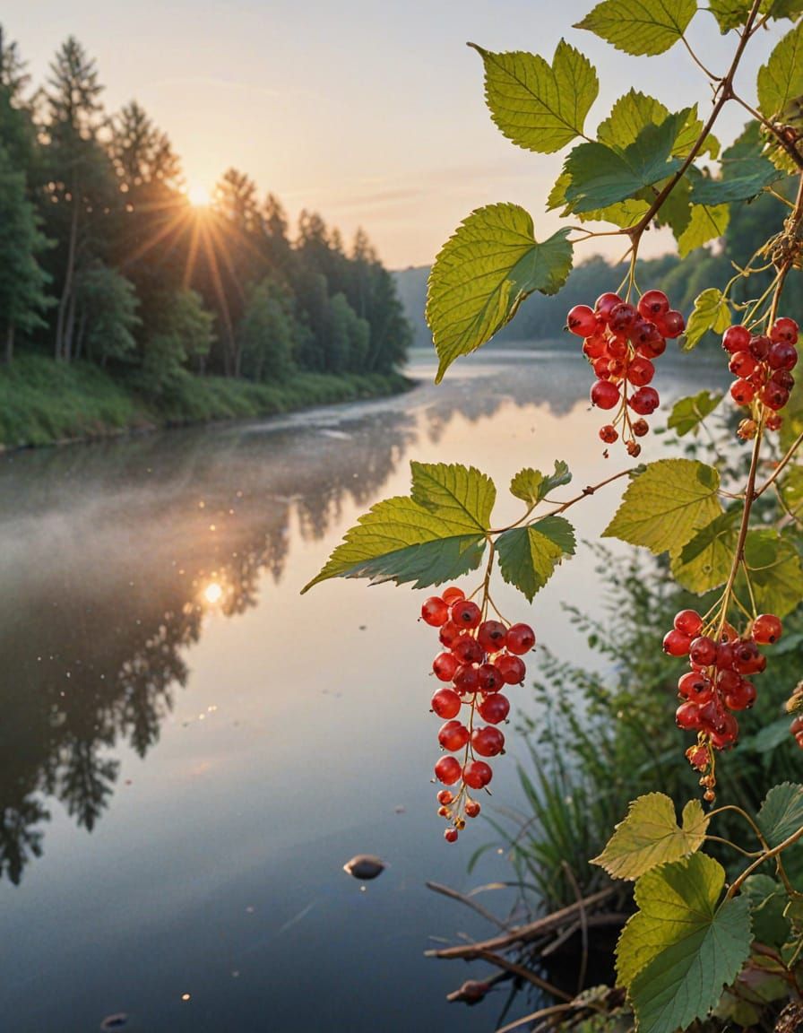 Golden Dawn Over the River, Vibrant Berries Glow with Inner ...
