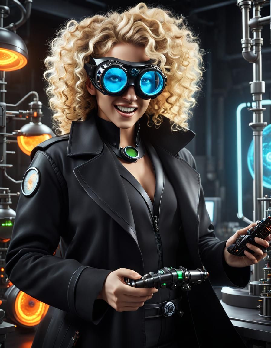 A mad scientist wearing  a (black coat:1.5) wearing high tec...