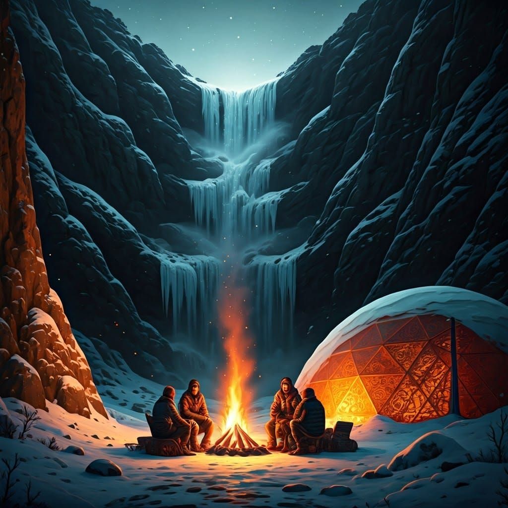 Friends Gather Around Glamping Campfire Amidst Majestic Icy ...