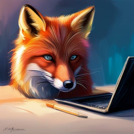 Hyperrealistic Fox at Computer in Splash Art Style