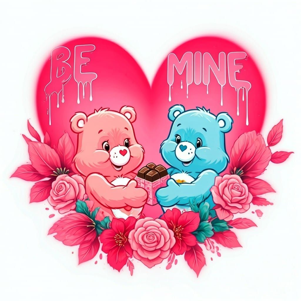 Playful Care Bears Airbrush Art Valentine's Day Design
