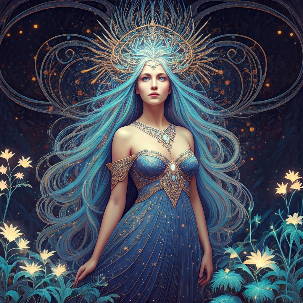Ethereal Woman in Bioluminescent Forest, Art Nouveau Style