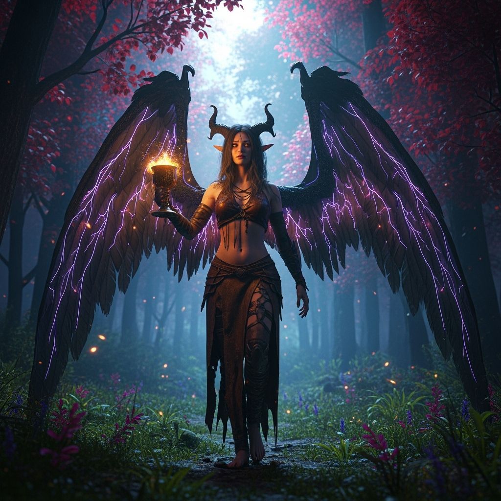 Winged Demon with Chalice in Lush Forest