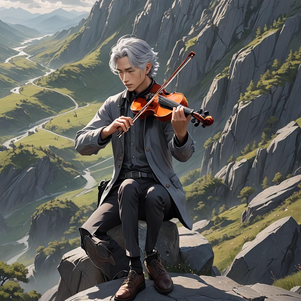 Handsome Man Plays Violin on Mountain: 3D Anime Art