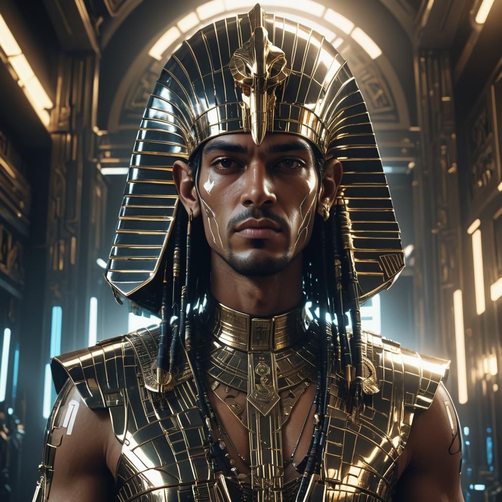Cyberpunk Pharaoh Portrait in Metallic Room
