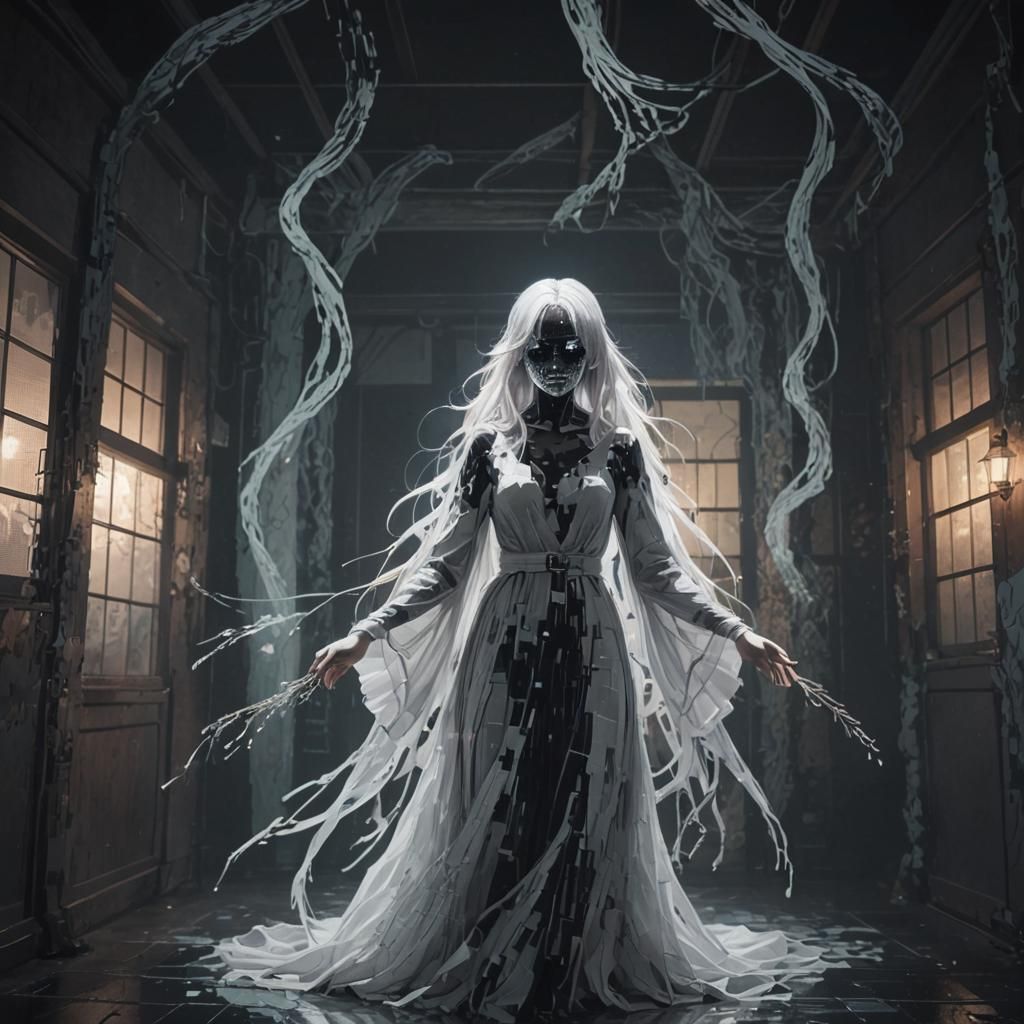 Ethereal Woman in Haunted House: Anime Art