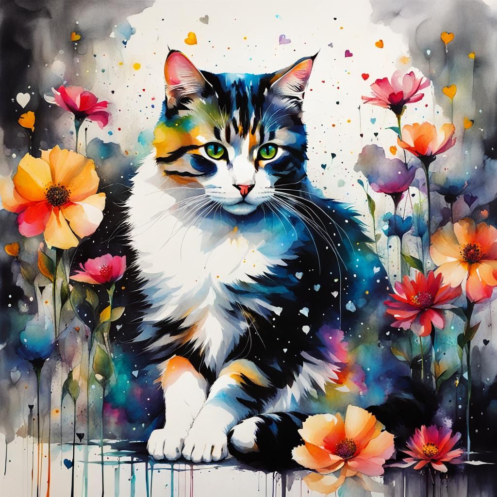 Cat on Pillow with Flowers in Collage Style
