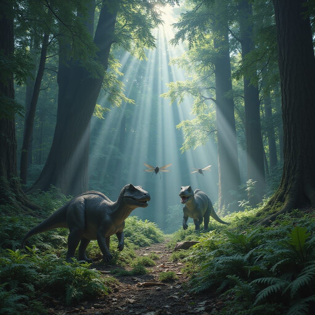 Epic Dinosaur Landscape in a Glimmering Forest