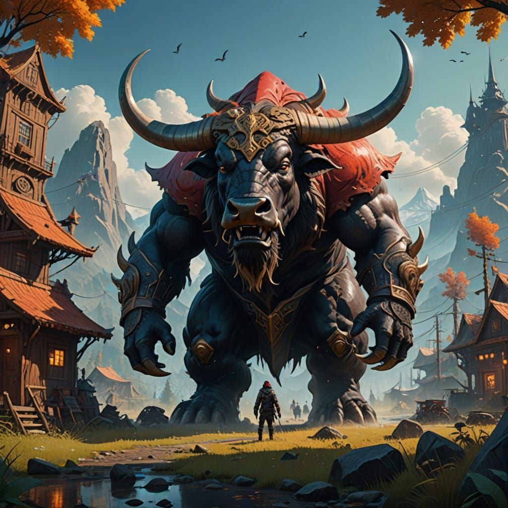 Mythical Warrior with Bull Head and Muscular Physique