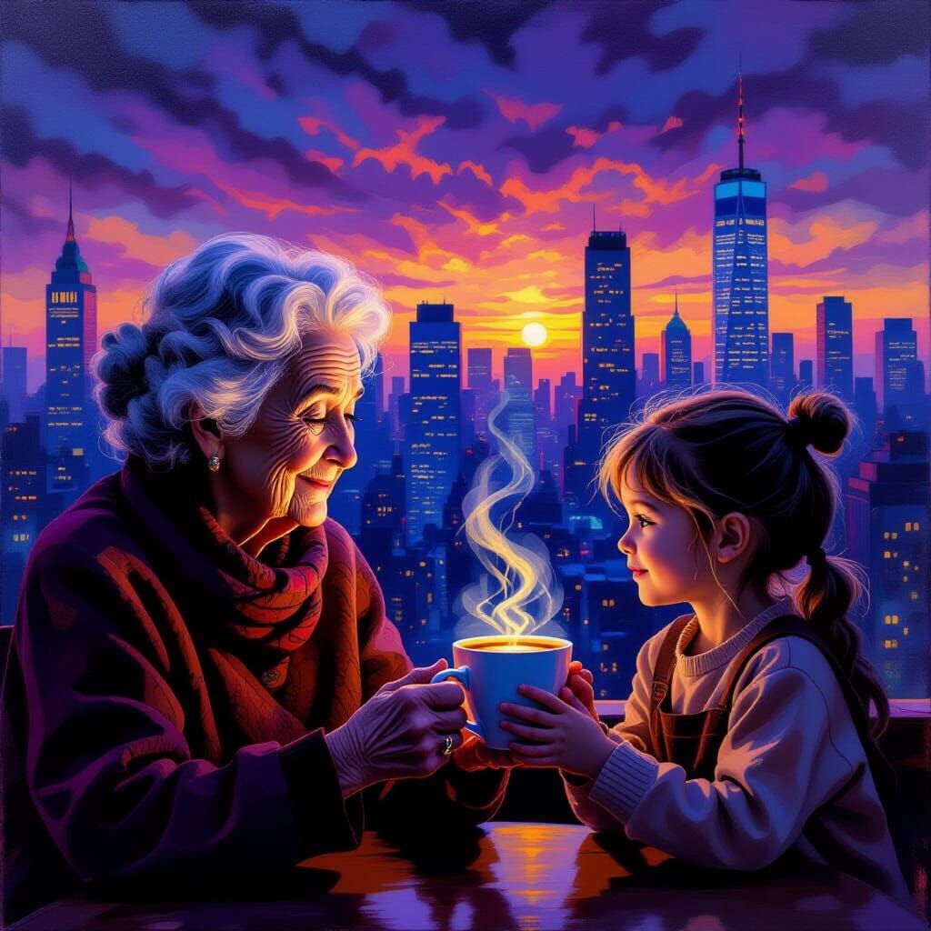 Kindness Shared: Girl Offers Coffee to Elder Amidst Cityscap...