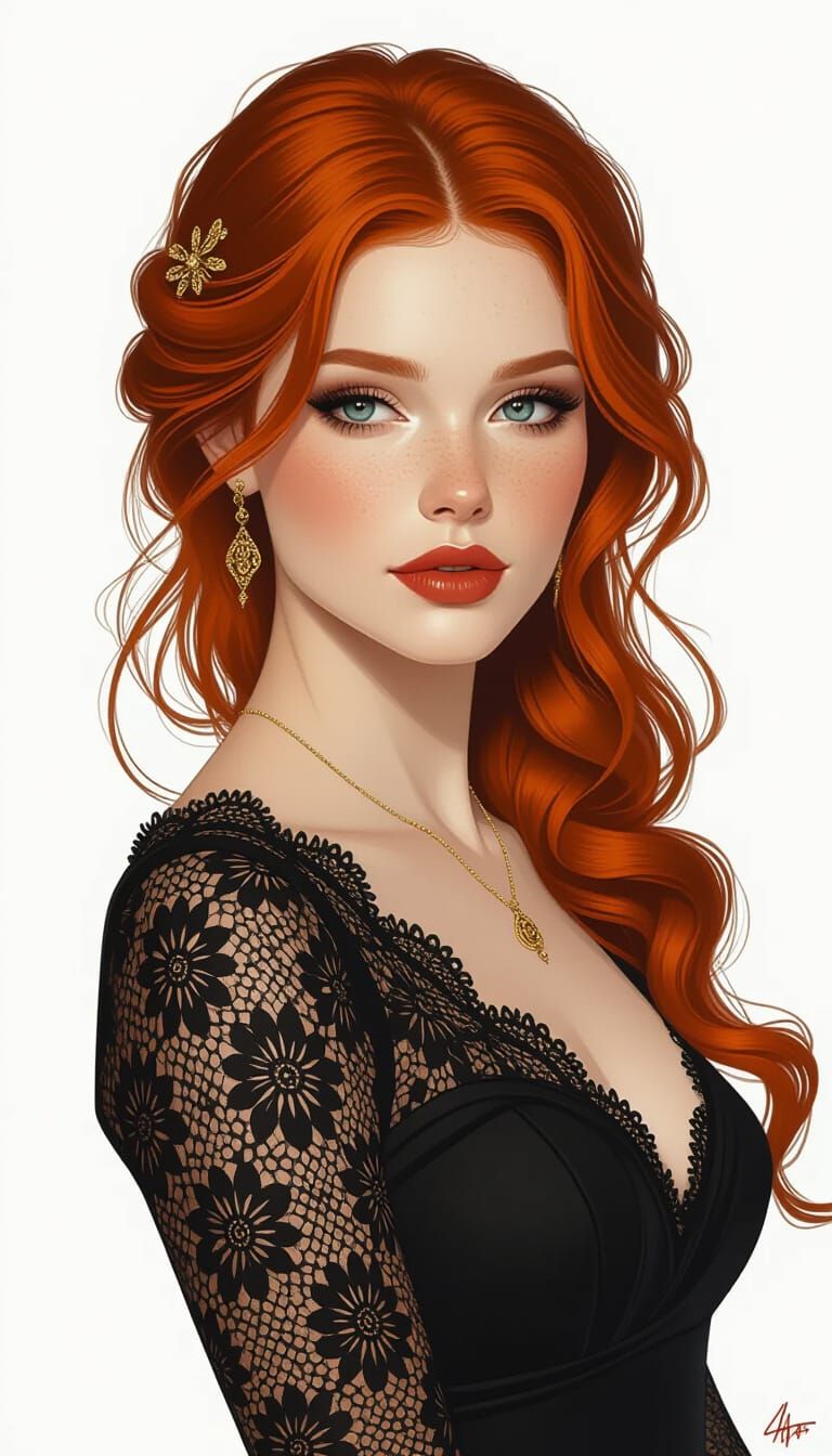 Red-Haired Woman in Black Lace, Dynamic Lighting Portrait