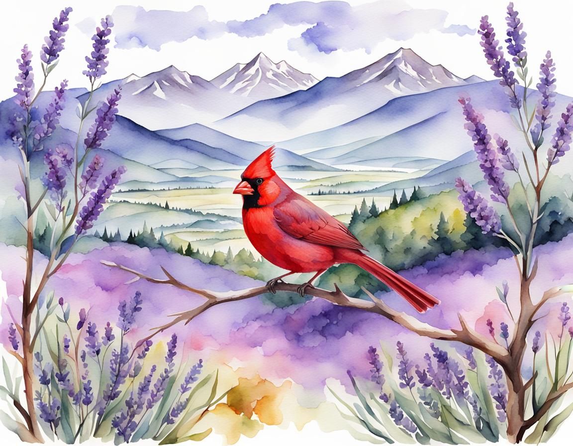 Watercolor Cardinal in Lavender Field