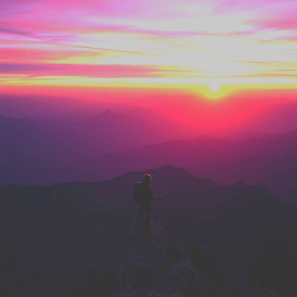 Hiker Silhouetted Against Swiss Alps Sunset, Cinematic Style