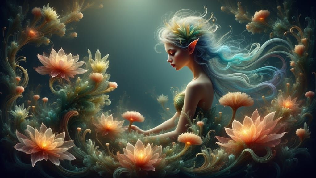 Whimsical Elf Tends Enchanted Garden in Twilight