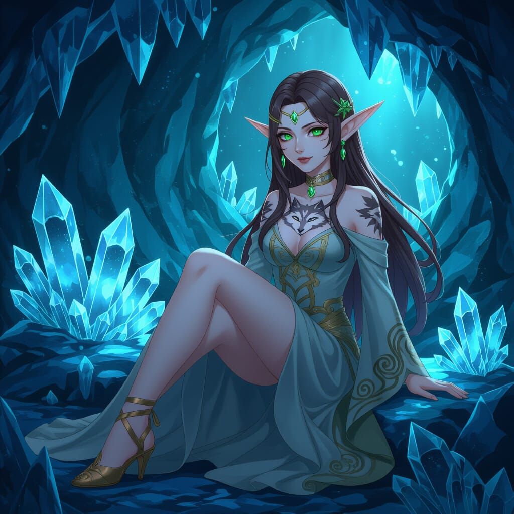 Mysterious Elf in Crystal Cave with Wolf Tattoo