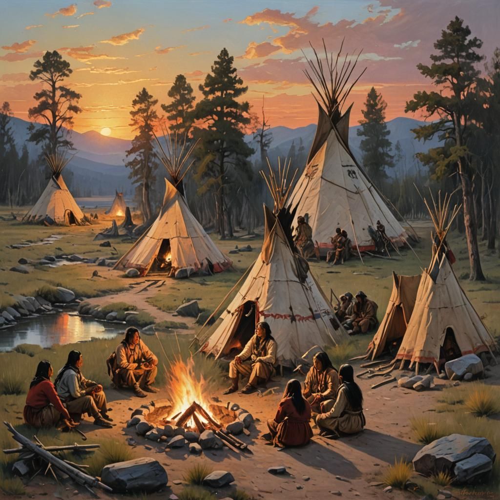 Native American Teepees at Sunset, Oil Painting