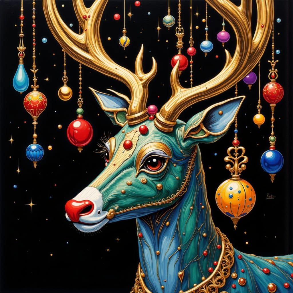 Imagine a close up of a reindeer with a glowing RED nose