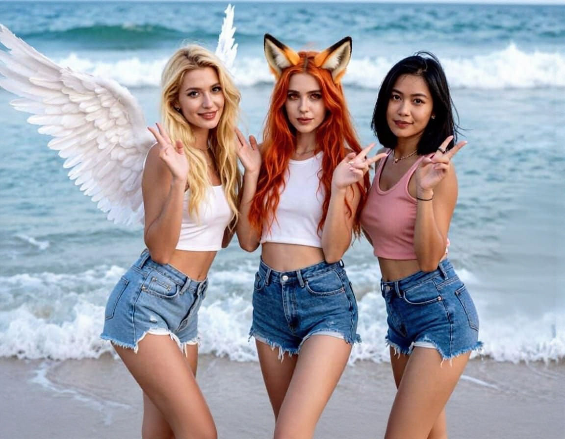 Angel, Kitsune, and Woman Play in Beach Waves