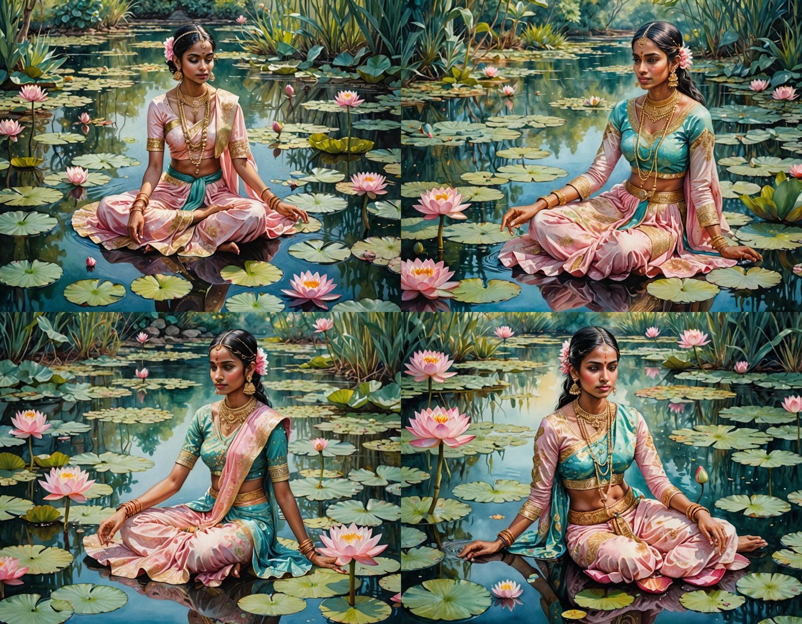 Indian woman surround by water lilies