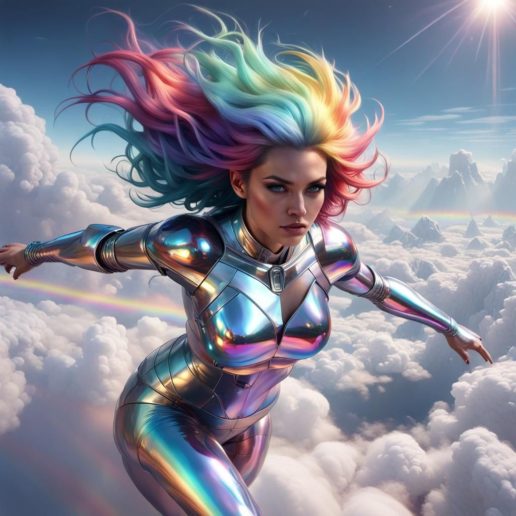 Rainbow Superhero in Iridescent Chrome Suit