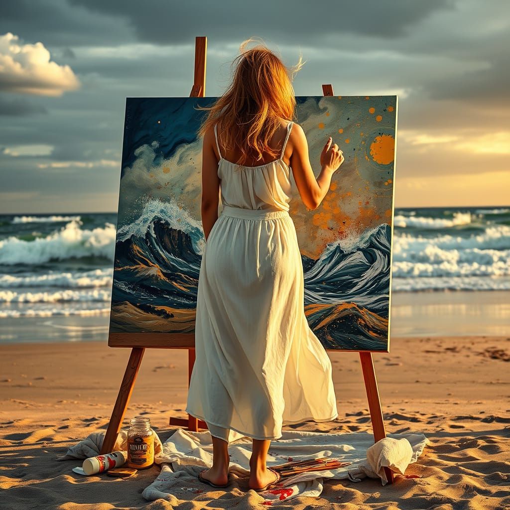 Woman in Bohemian Dress Paints Turbulent Beach Scene in Luxu...