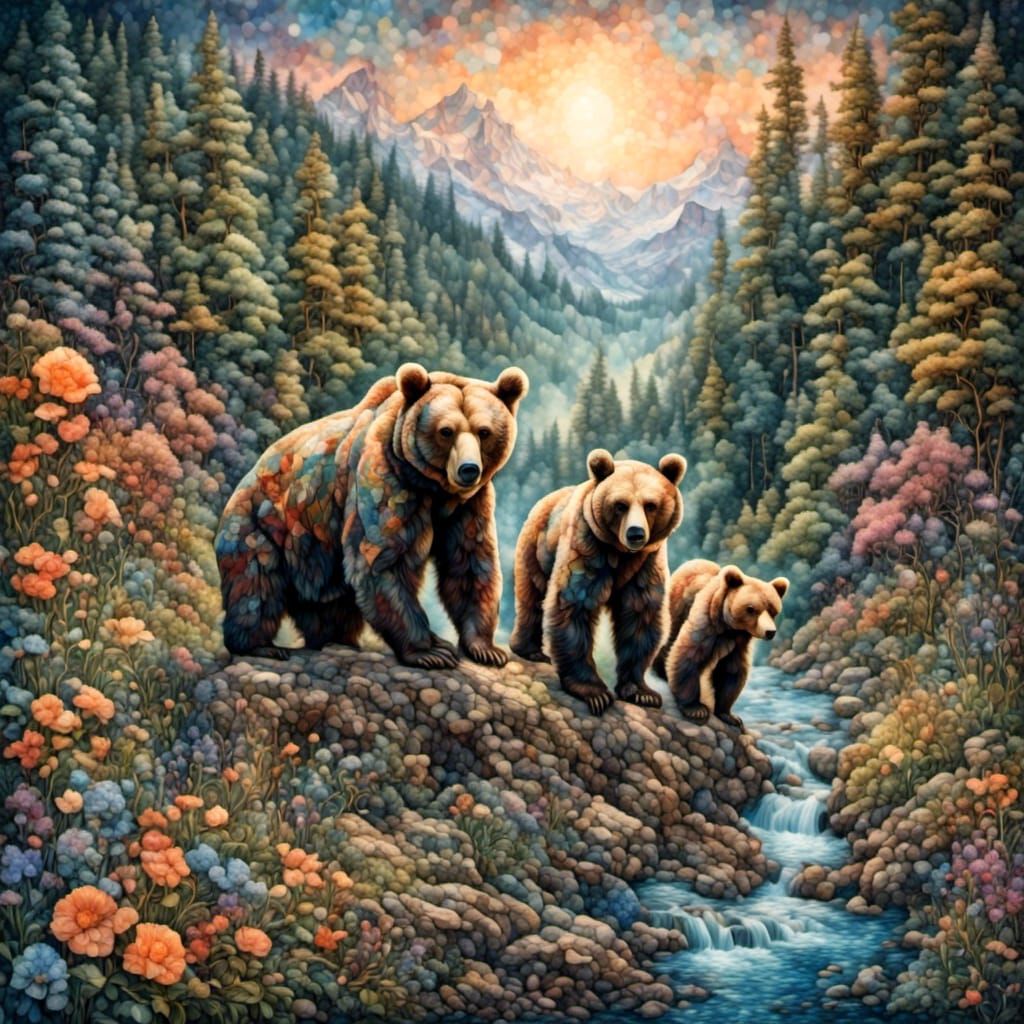 Magical Woodland: Bear and Cubs Illustration