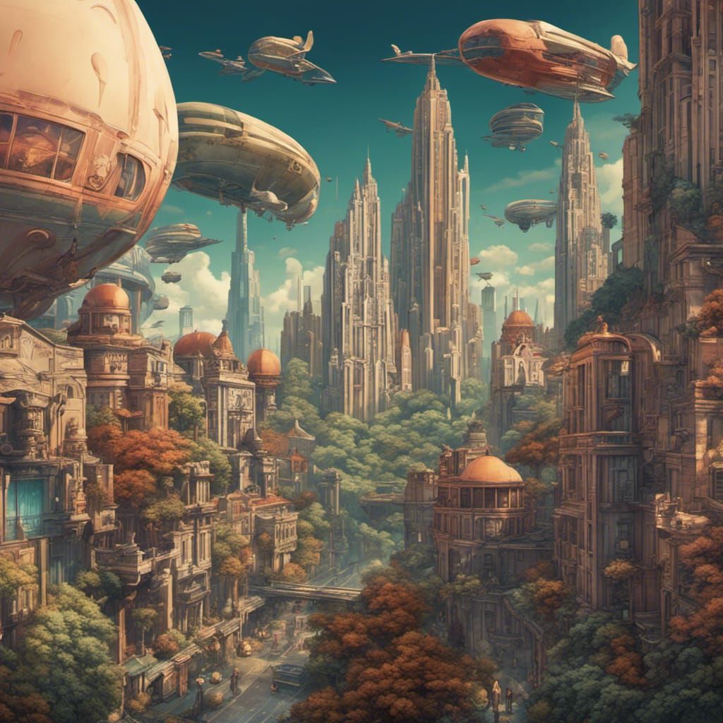 High Fantasy Art Deco Metropolis with Angel Statues