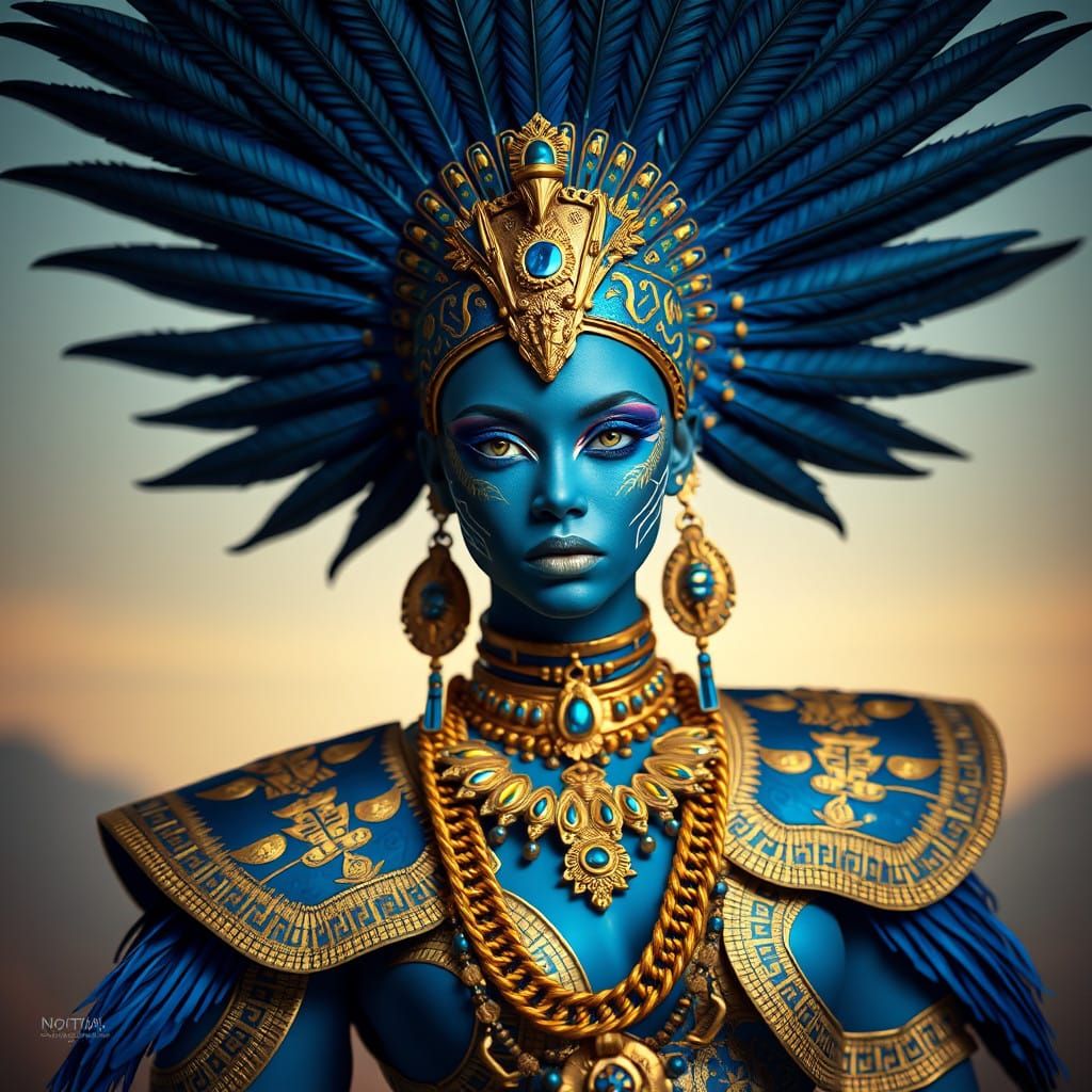 Ethereal Mayan Queen in Blue and Gold Opulence