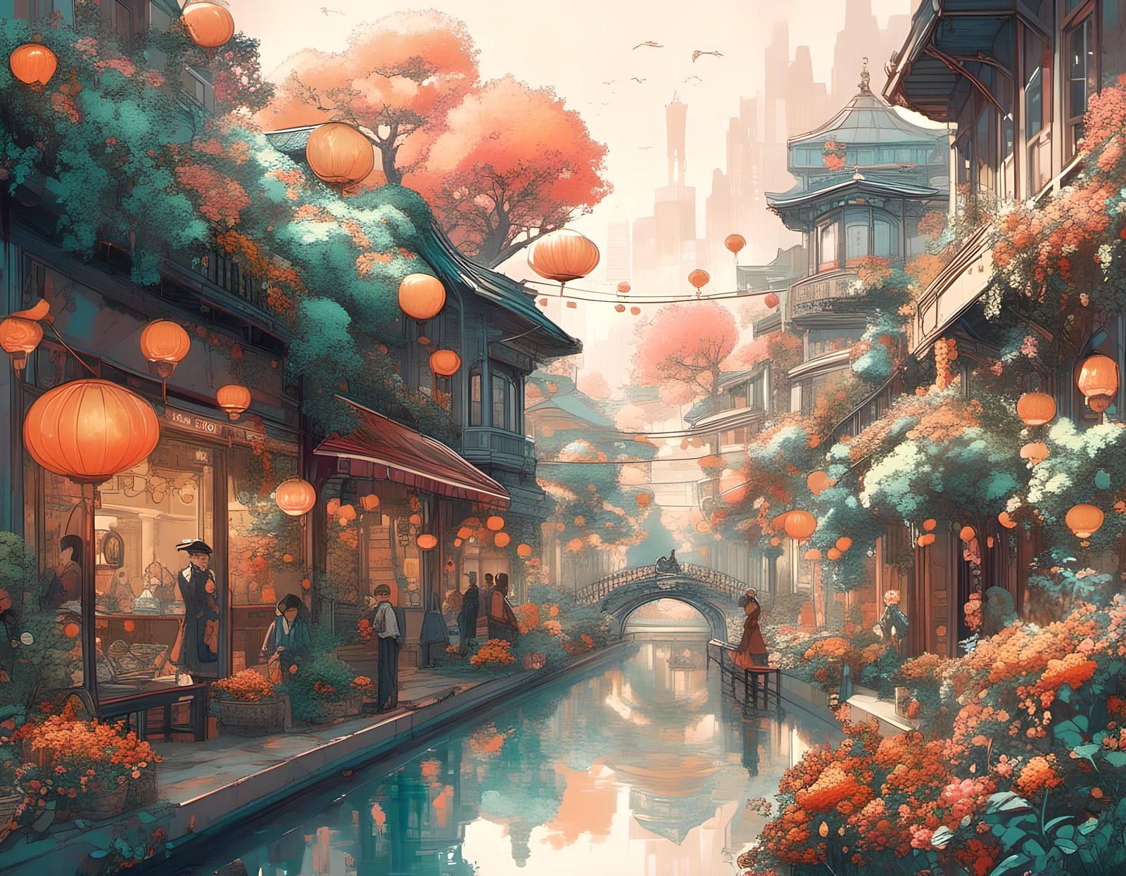 Nighttime Japantown Street Scene in Cyberpunk Style