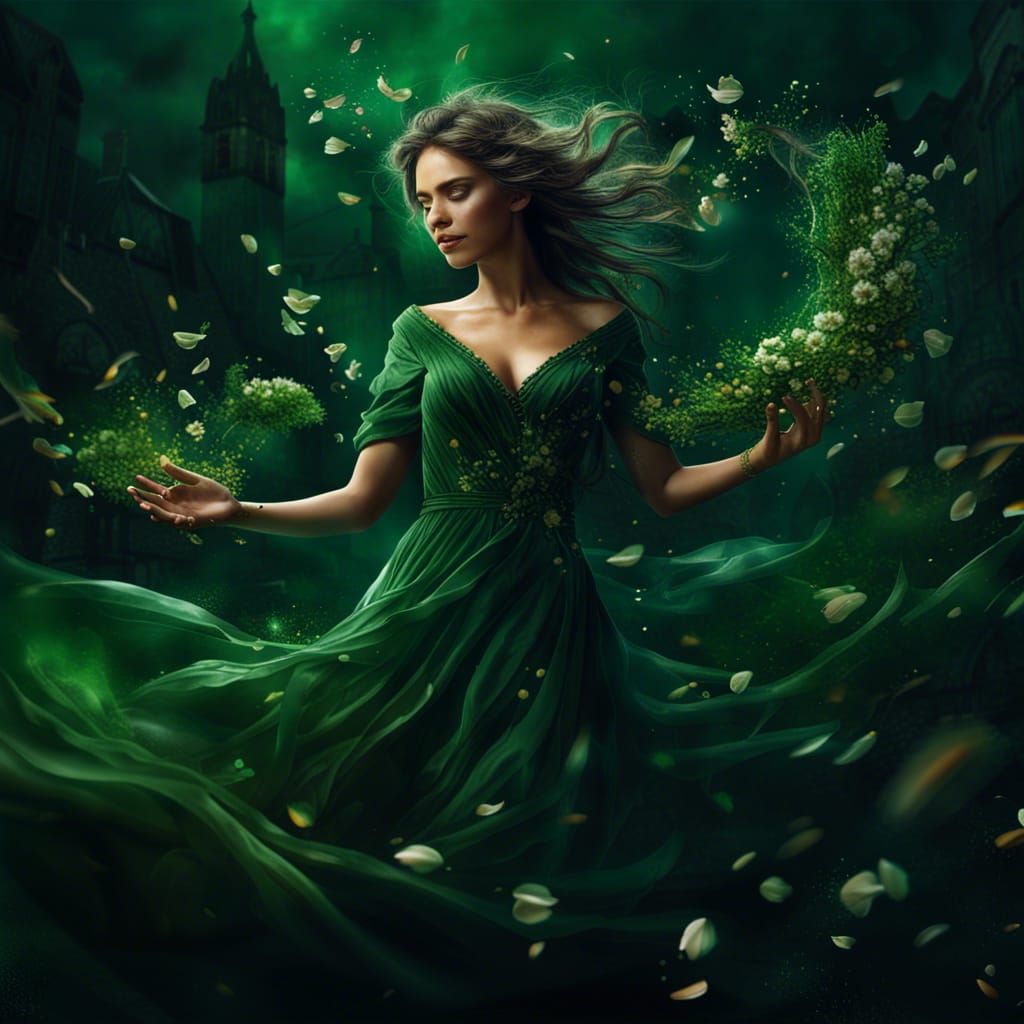 Beautiful Girl in Green Dress with Flowers