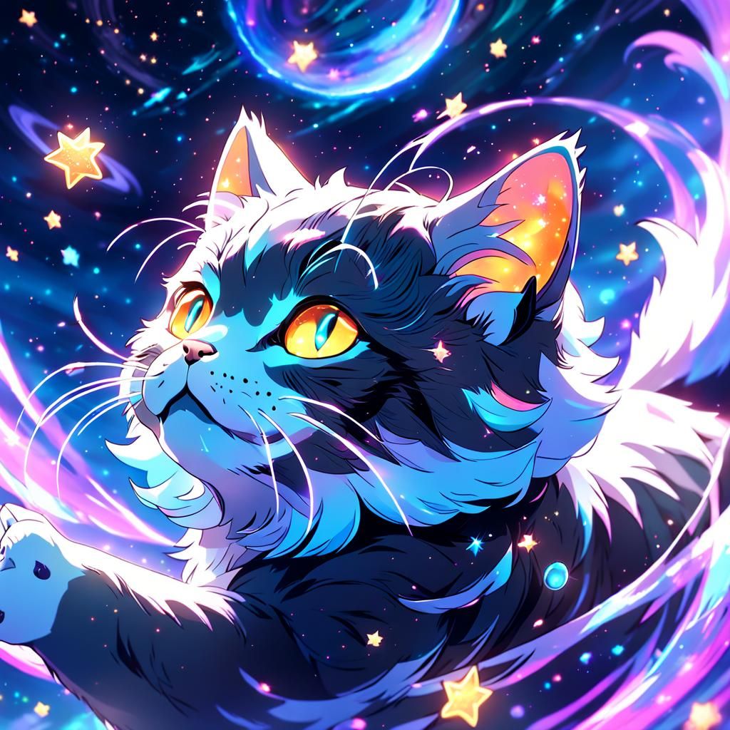 Neon Cosmos Cat in Anime 3D Art Style