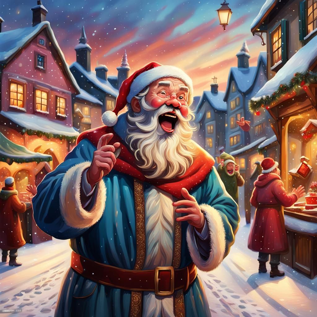 Santa Claus Singing in Snowy Village, Oil Painting