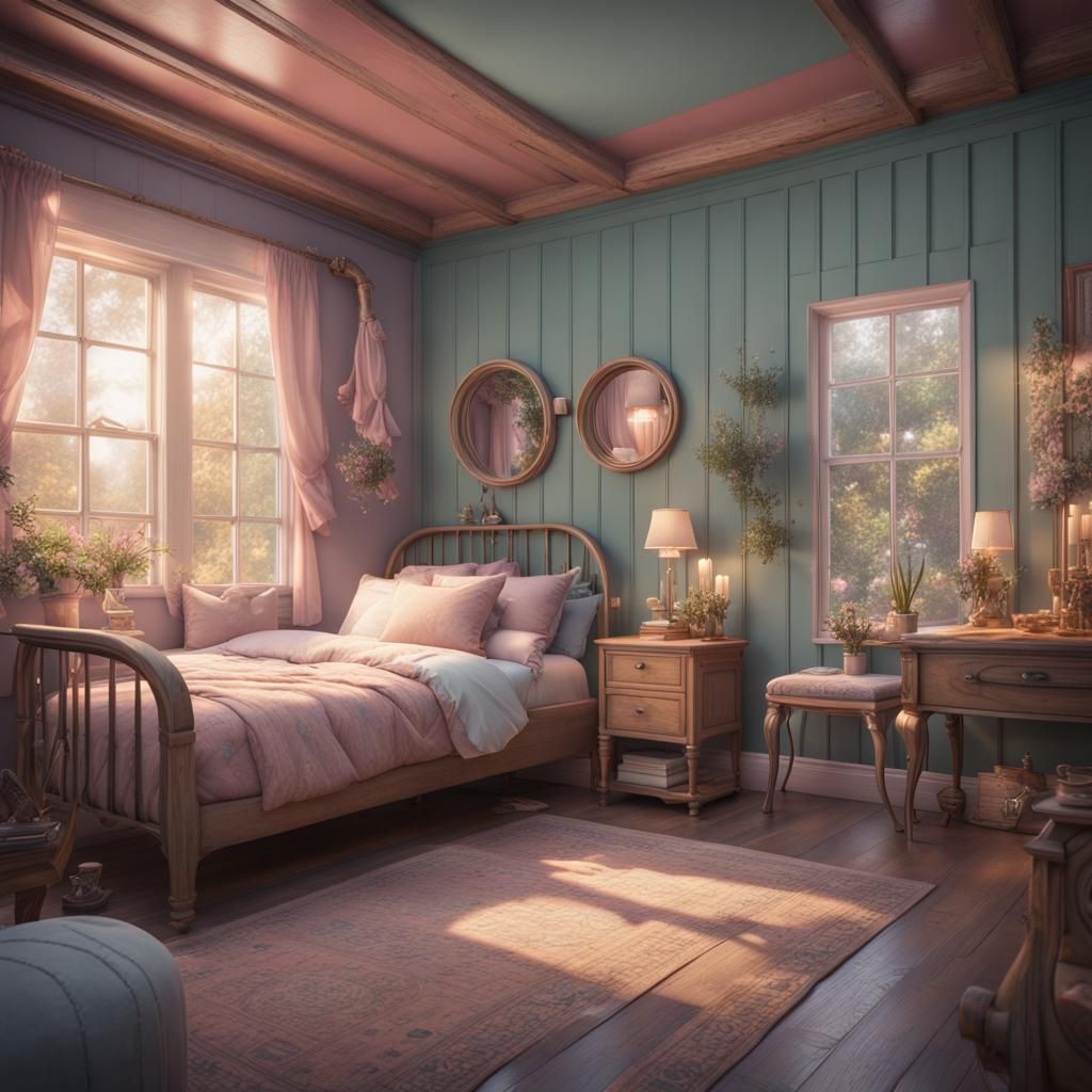 Pastel Cottagecore Bedroom in Detailed Matte Painting