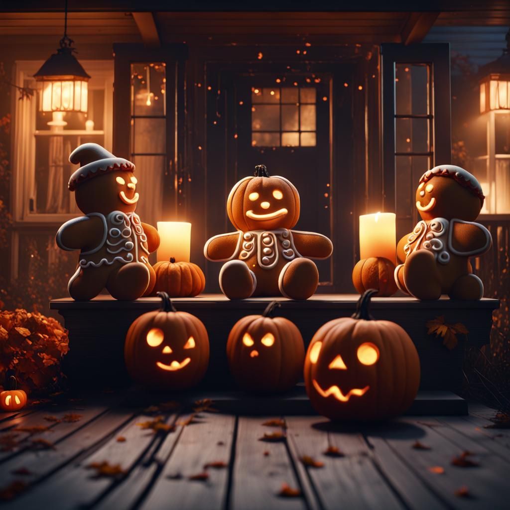 Gingerbread Men Carving Pumpkins: Halloween Matte Painting