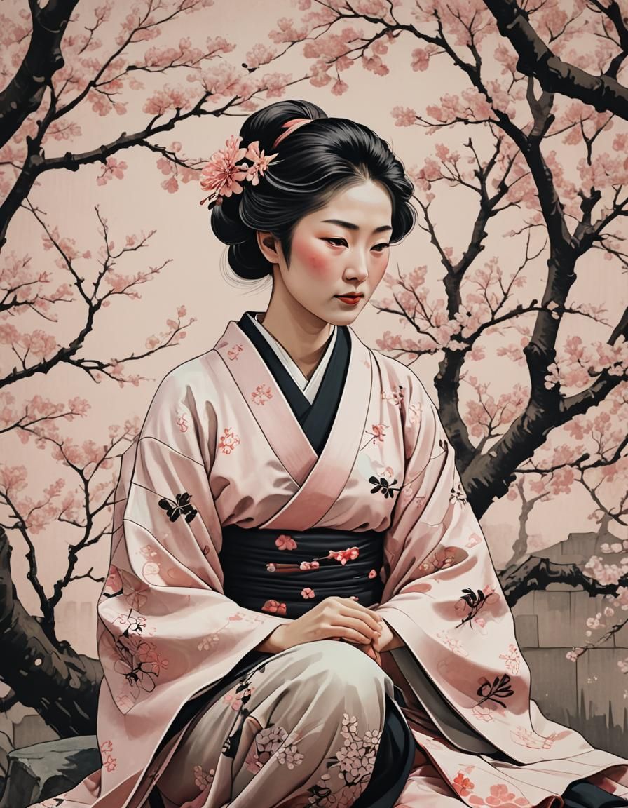 Japanese Woman Under Cherry Tree in Ukiyo-e Style