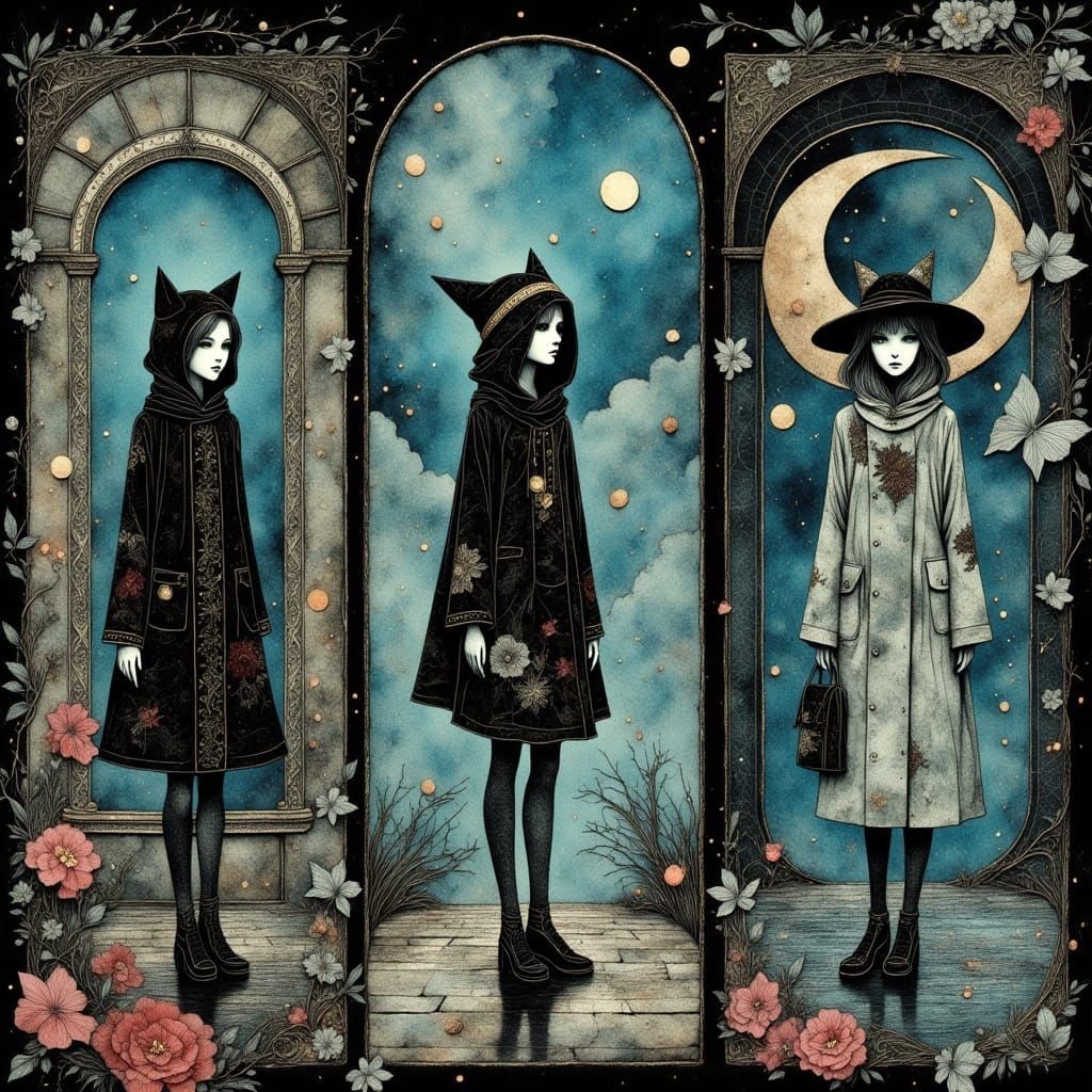 Manga Art of Women in Mystical Noir Setting