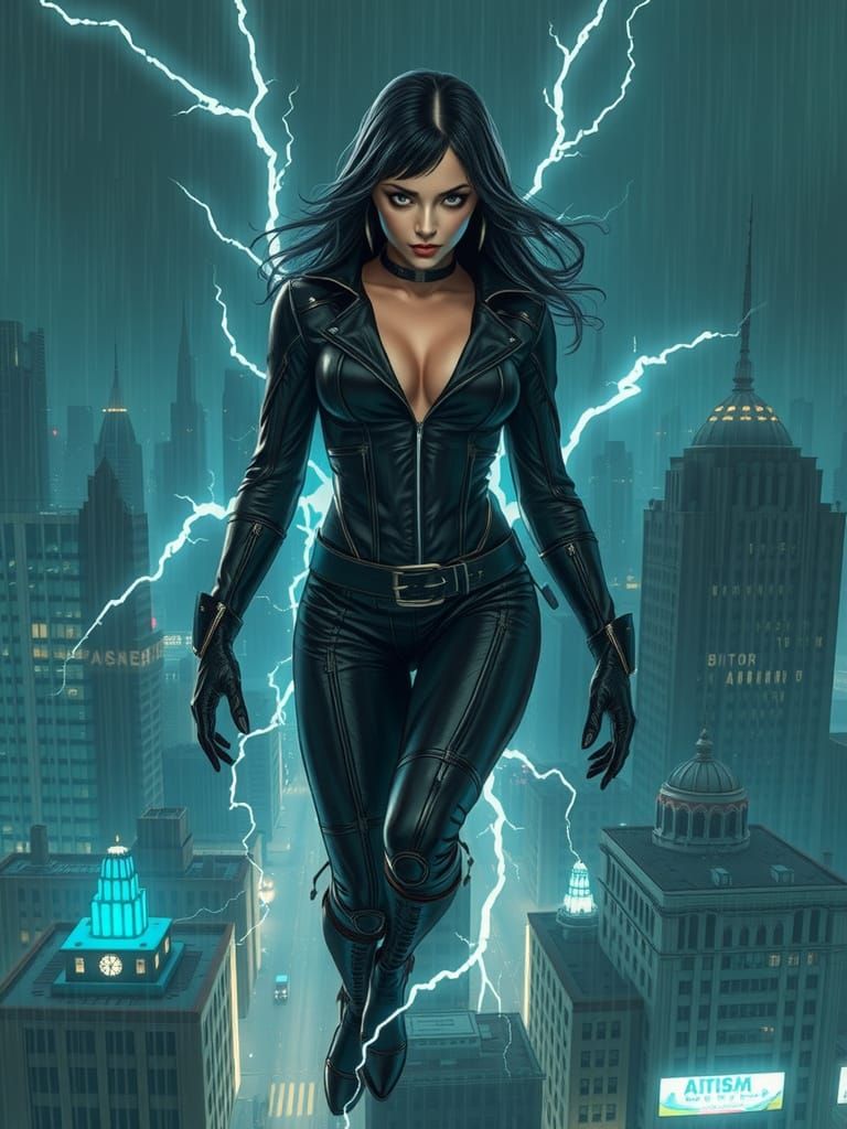 Gothic Woman in Leather Amidst Electric Storm