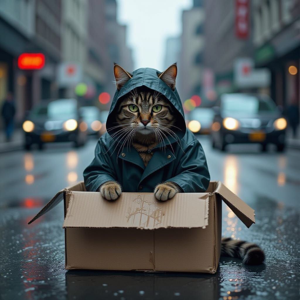 Film Noir Cat in Rainy Cityscape