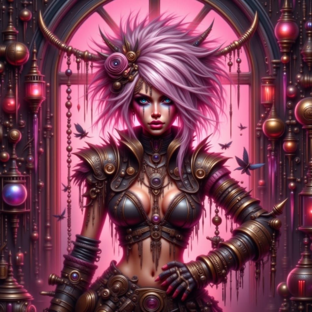 Muscular Punk Drow Dancer with Pink Eyes and Steampunk Engin...
