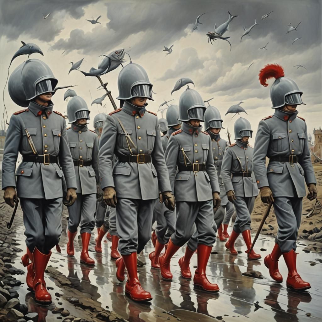 Surreal Marching Soldiers with Fish in Boots