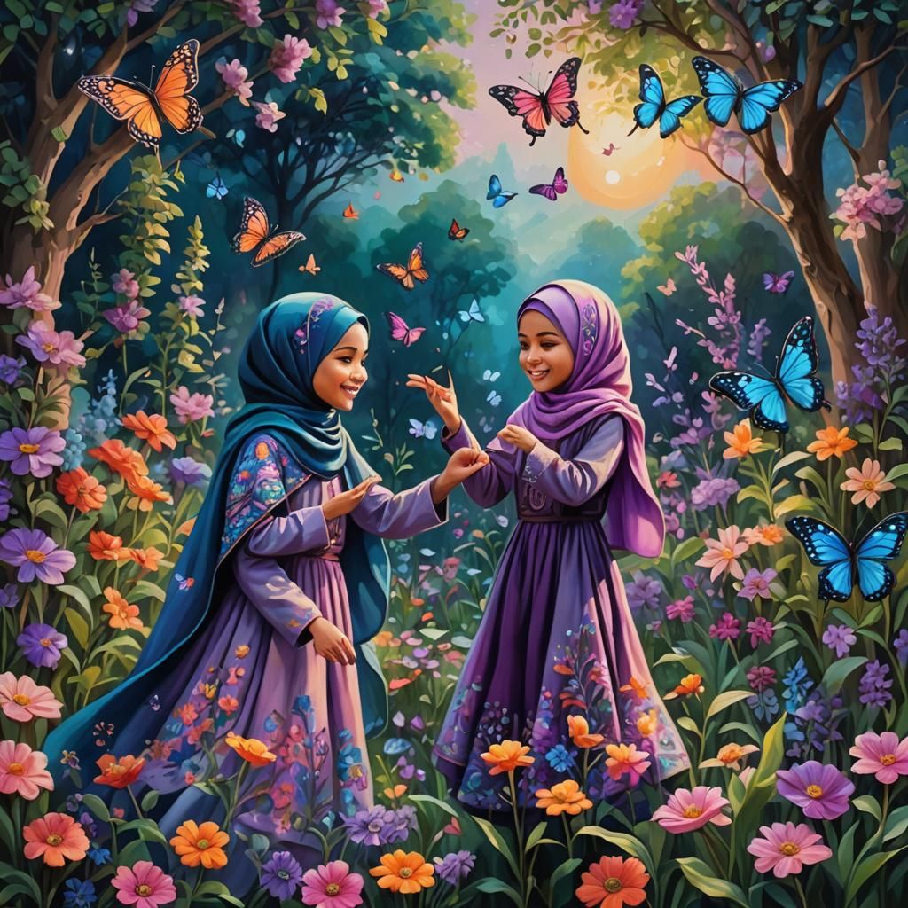 Girls in Hijab Catching Butterflies: Whimsical Oil Painting