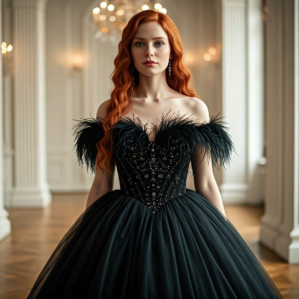 Redhead in Black Gown in Grand Ballroom