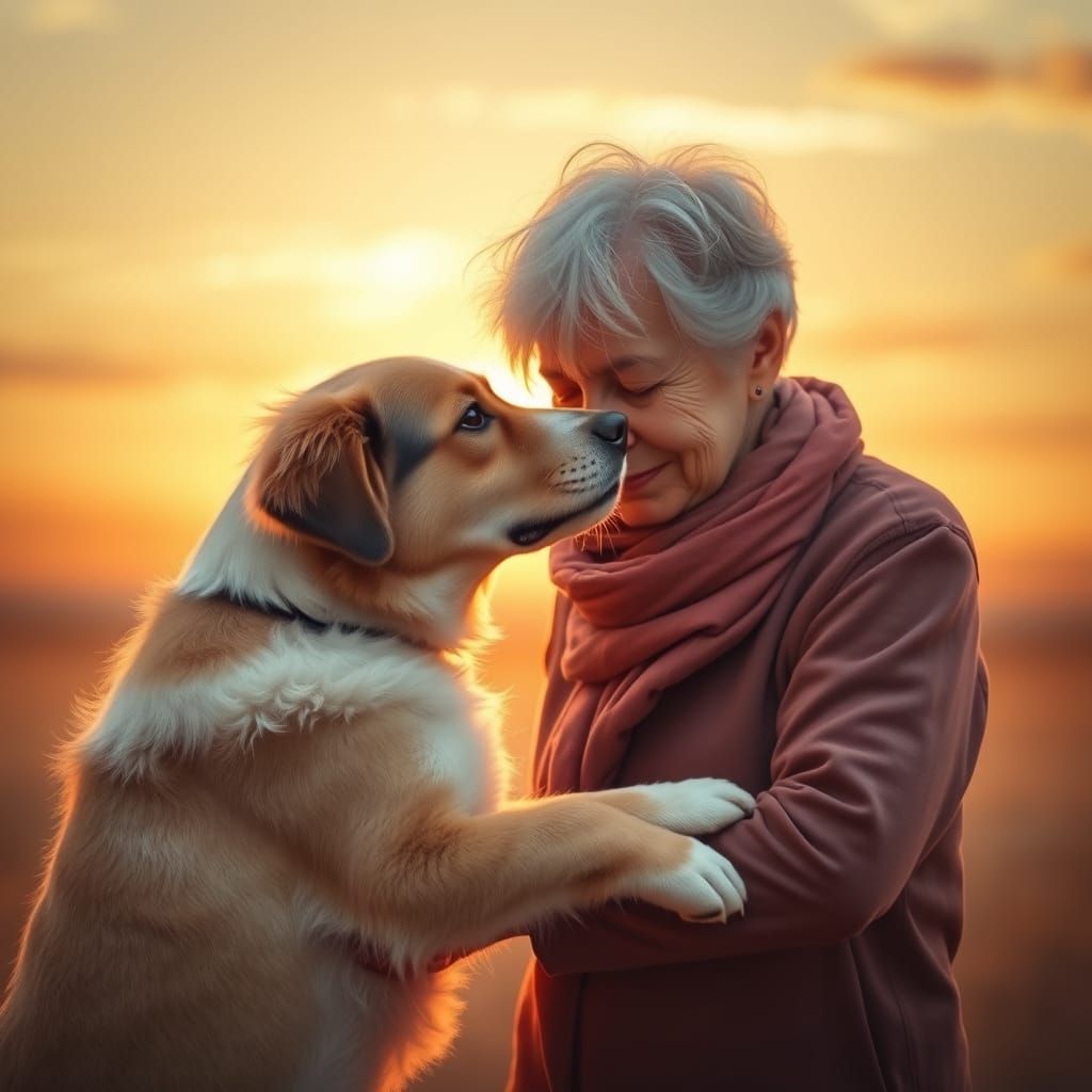 Unconditional Friendship Between Dog and Owner at Golden Sun...