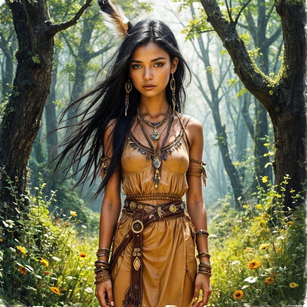 A Delicate Native American Maiden in Intricate Line Art