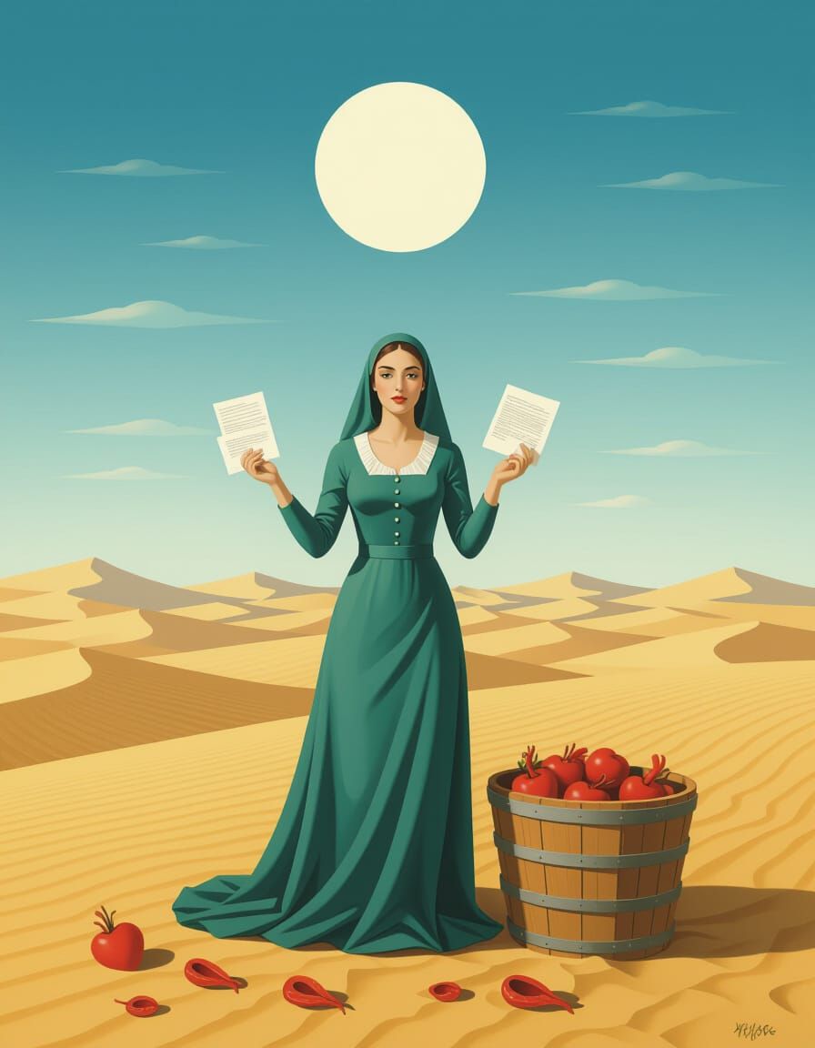 Surreal Desert Scene of Woman by Fire Barrel