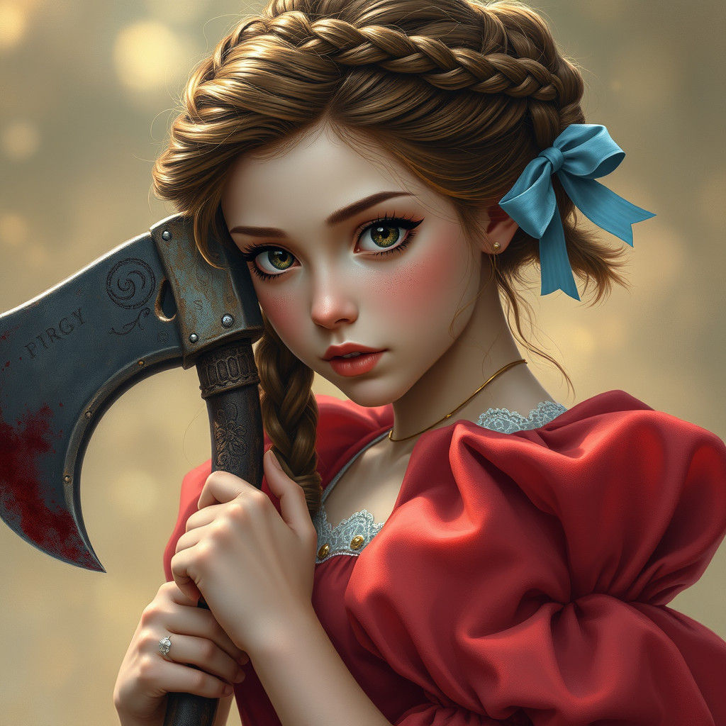 Young Heroine with Battle-Axe in Dreamlike Mist